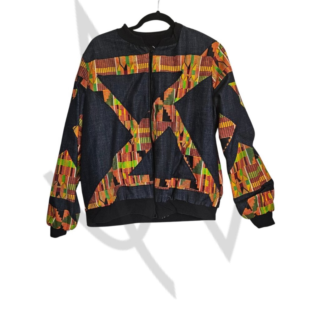 AbXs Denim  & Kente Fusion Bomber Jacket M